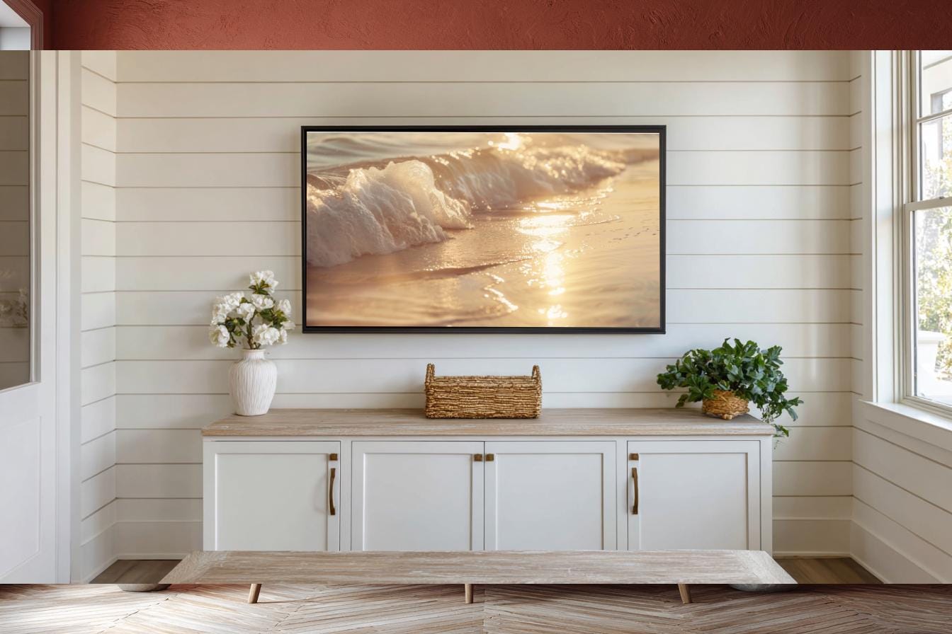 This ocean wave digital art captures sunlight dancing on a soft, golden surface — perfect as Frame TV art or printable wall décor for your living space.