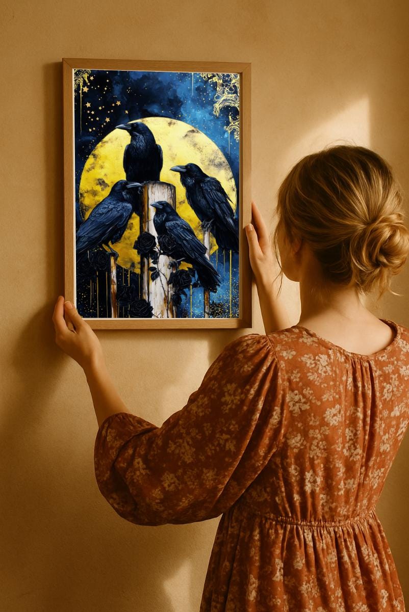 Woman hanging rustic crow bird art print with blue and yellow moon background, warm cozy farmhouse decor.