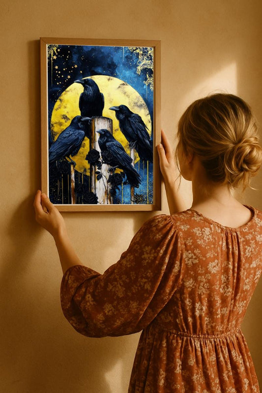 Woman hanging rustic crow bird art print with blue and yellow moon background, warm cozy farmhouse decor.