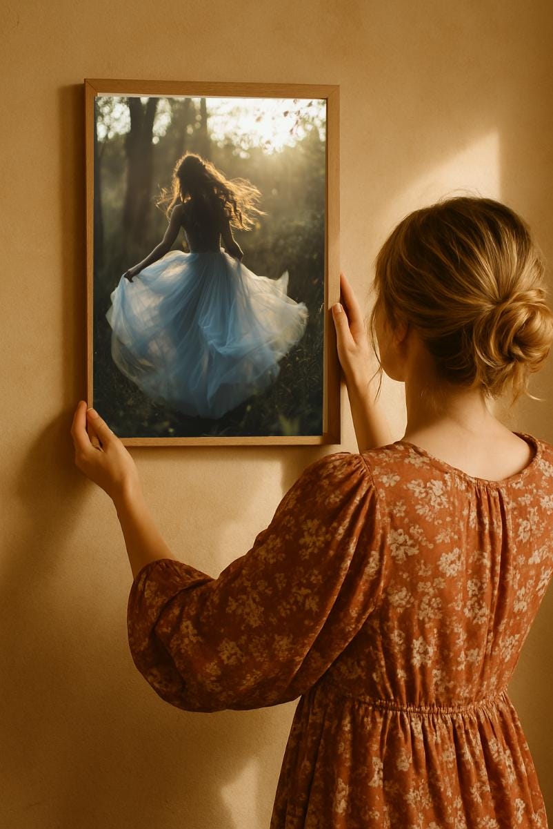 Ethereal Girl in Blue Tulle Dress Forest Print – Cottagecore Wall Art (Digital Download)