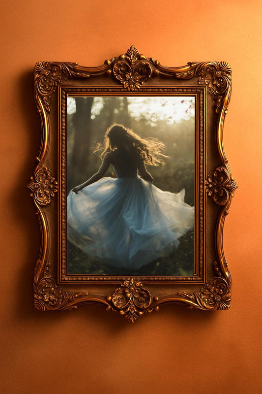 Ethereal Girl in Blue Tulle Dress Forest Print – Cottagecore Wall Art (Digital Download)