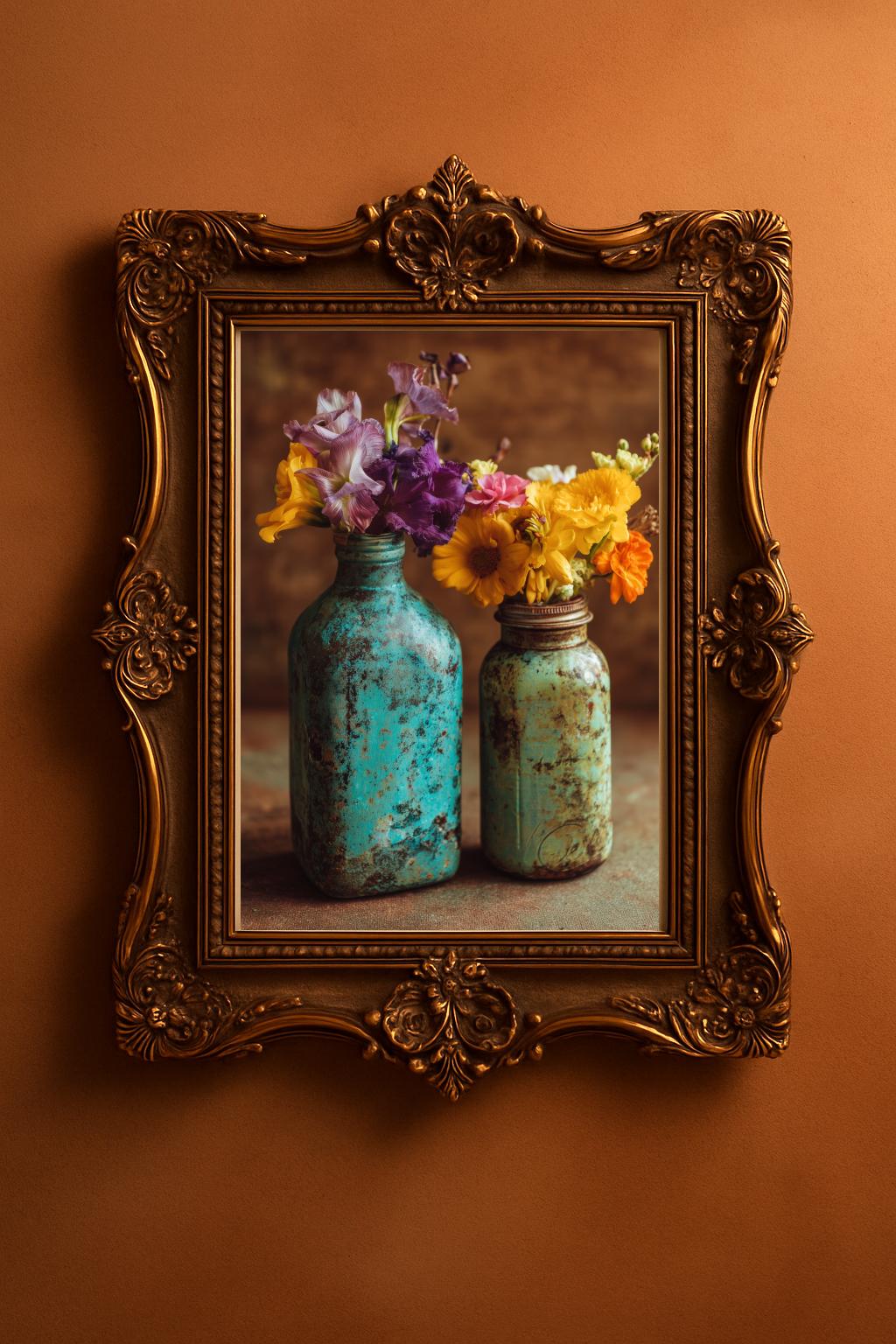 Rustic floral still life print from Keepsly's Floral & Cottage Collection in an antique style frame.