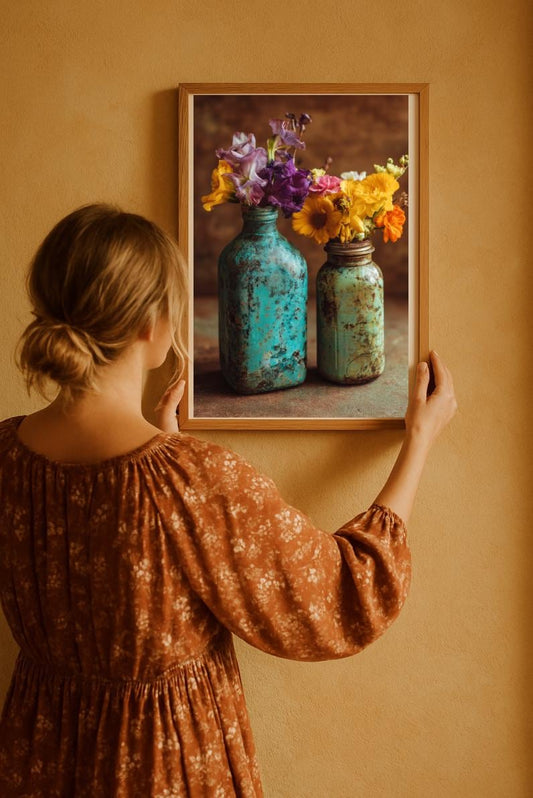A woman is hanging floral wall art print; Featuring golden marigolds, soft lilac irises, and pink garden blooms arranged in weathered turquoise jars, this artwork captures the charm of vintage country interiors.