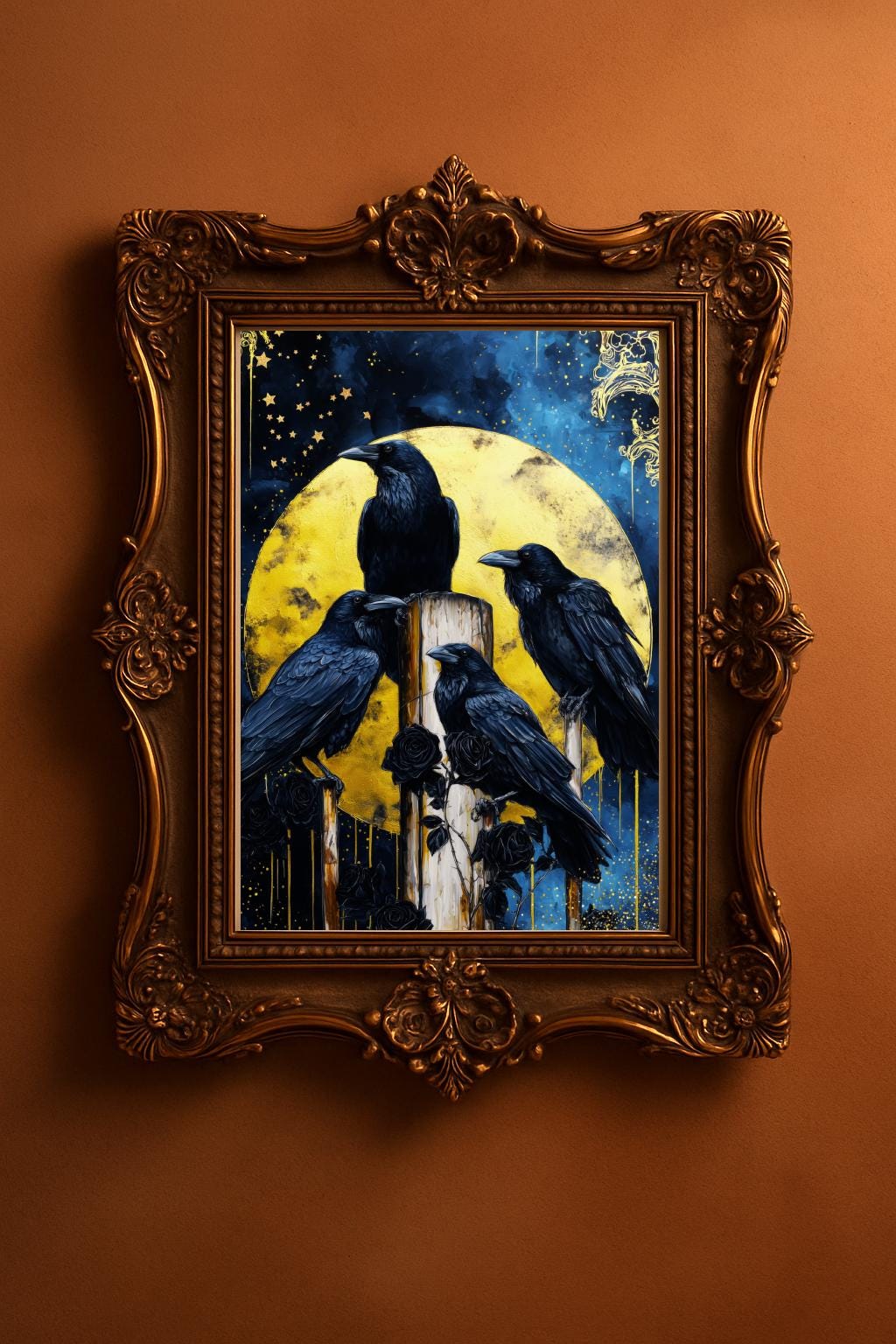 Rustic crow raven birds wall art with moonlit night sky in golden frame, vintage printable artwork for cozy interiors. Gothic style with golden sparkles in the poster has vibrant colors.