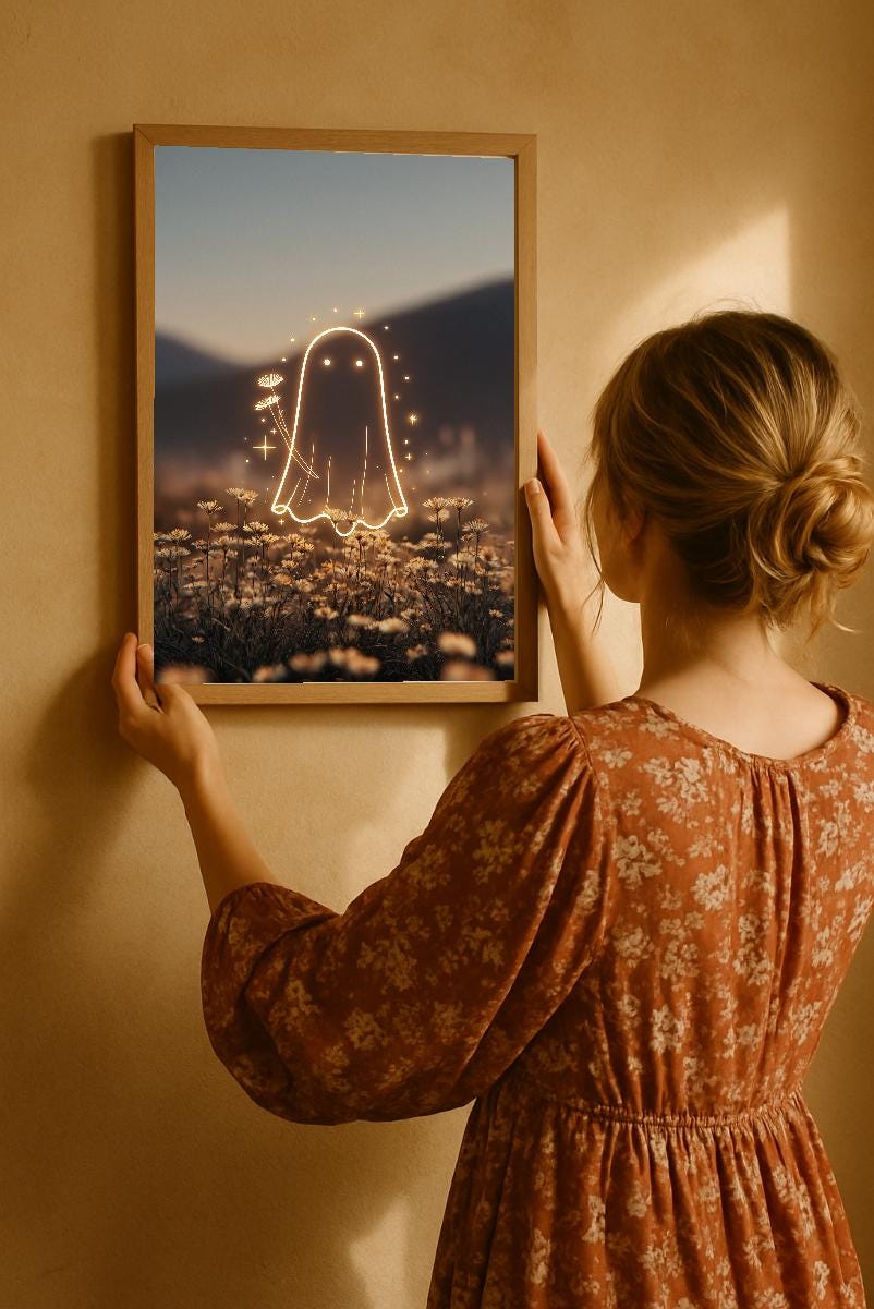 Glowing Ghost Wall Art: Ethereal Cottagecore Flower Field Print (Digital Download)