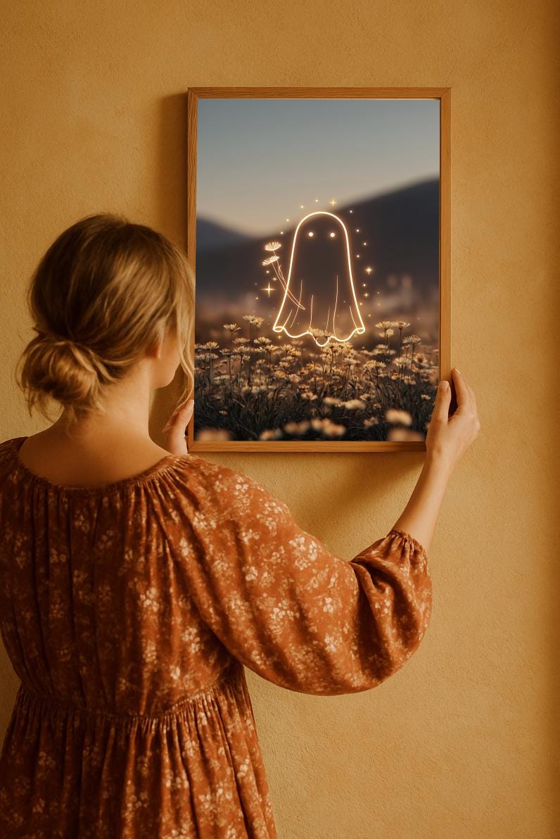 Glowing Ghost Wall Art: Ethereal Cottagecore Flower Field Print (Digital Download)