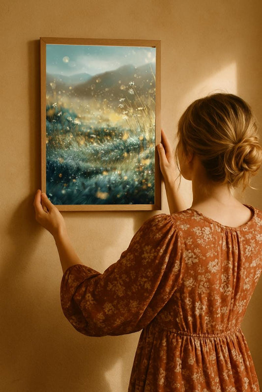 Stardust Meadow Print, Dreamy Floral Landscape Wall Art, Golden Twilight Field Poster Digital Download