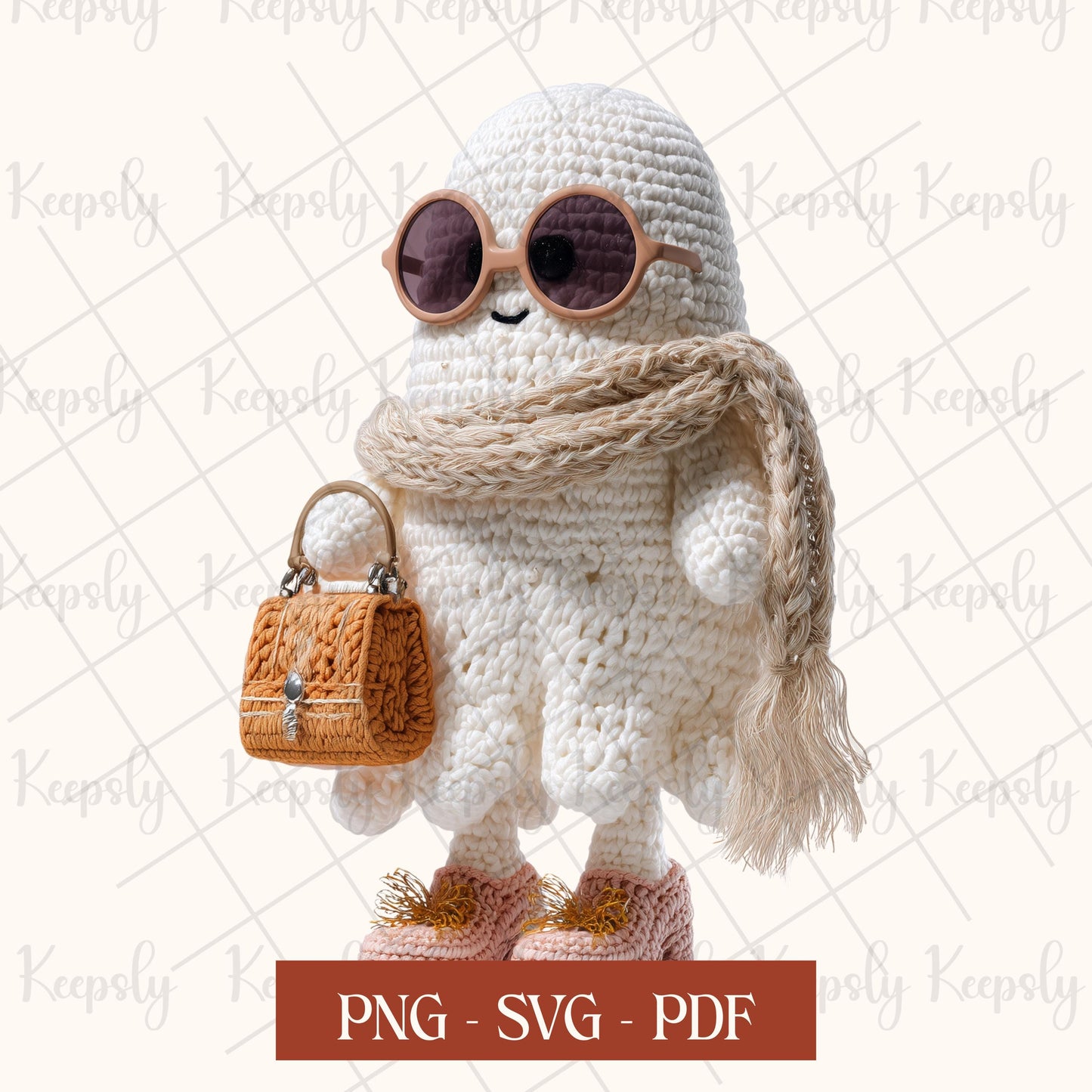 Coquette style crochet design boojee ghost has a leather colored purse, blush pink heel shoes and rose gold sunglasses. She is so stylish, facing her left side and wearing a crocheted ghost dress in white and her scarf is in beige tone. PNG, PDF, SVG is written on the photo