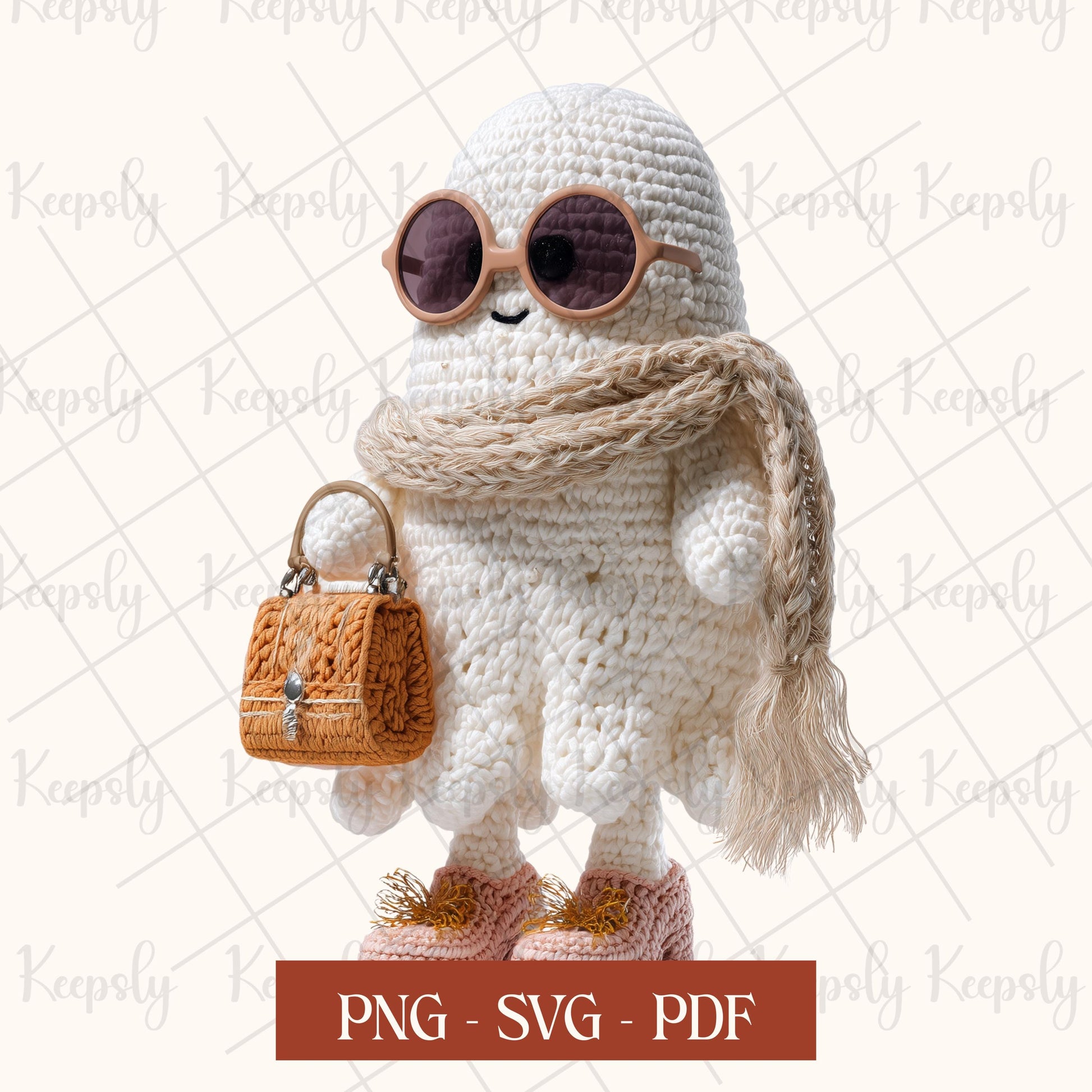 Coquette style crochet design boojee ghost has a leather colored purse, blush pink heel shoes and rose gold sunglasses. She is so stylish, facing her left side and wearing a crocheted ghost dress in white and her scarf is in beige tone. PNG, PDF, SVG is written on the photo