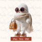 Coquette style crochet design boojee ghost has a leather colored purse, blush pink heel shoes and rose gold sunglasses. She is so stylish, facing her left side and wearing a crocheted ghost dress in white and her scarf is in beige tone. PNG, PDF, SVG is written on the photo