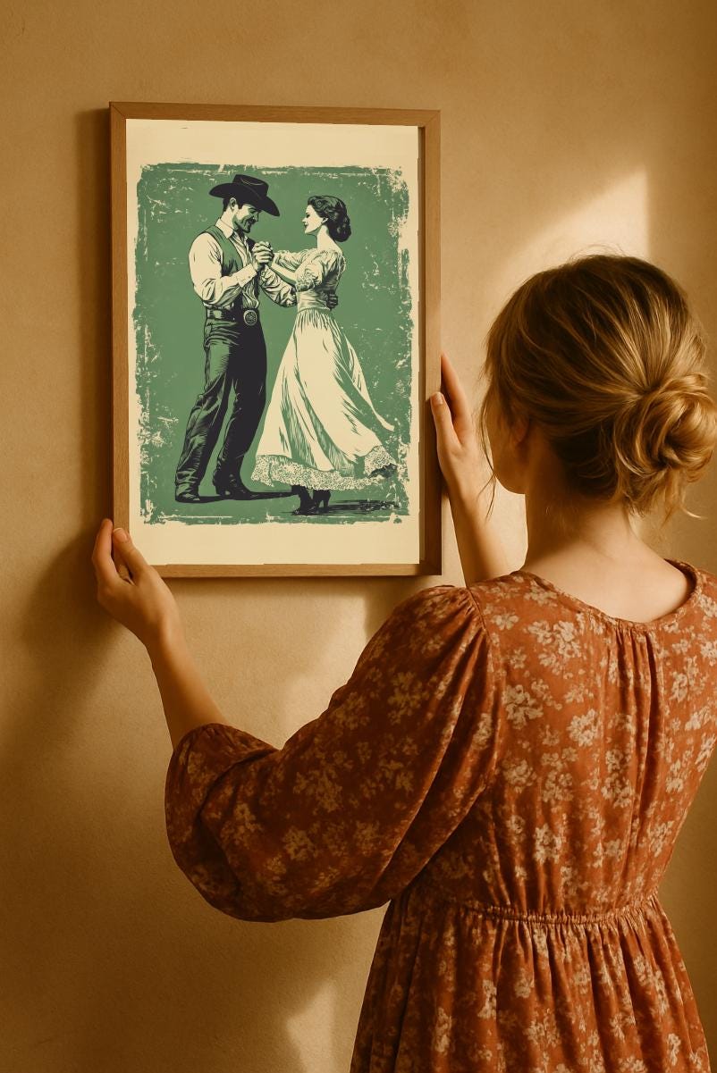 A retro style cowboy with a hat and a cowgirl in a lace dress are dancing on a vintage green, distressed background. The wall art is in the antique bronze frame. The lady is hanging the wall art on a terracota colored wall.