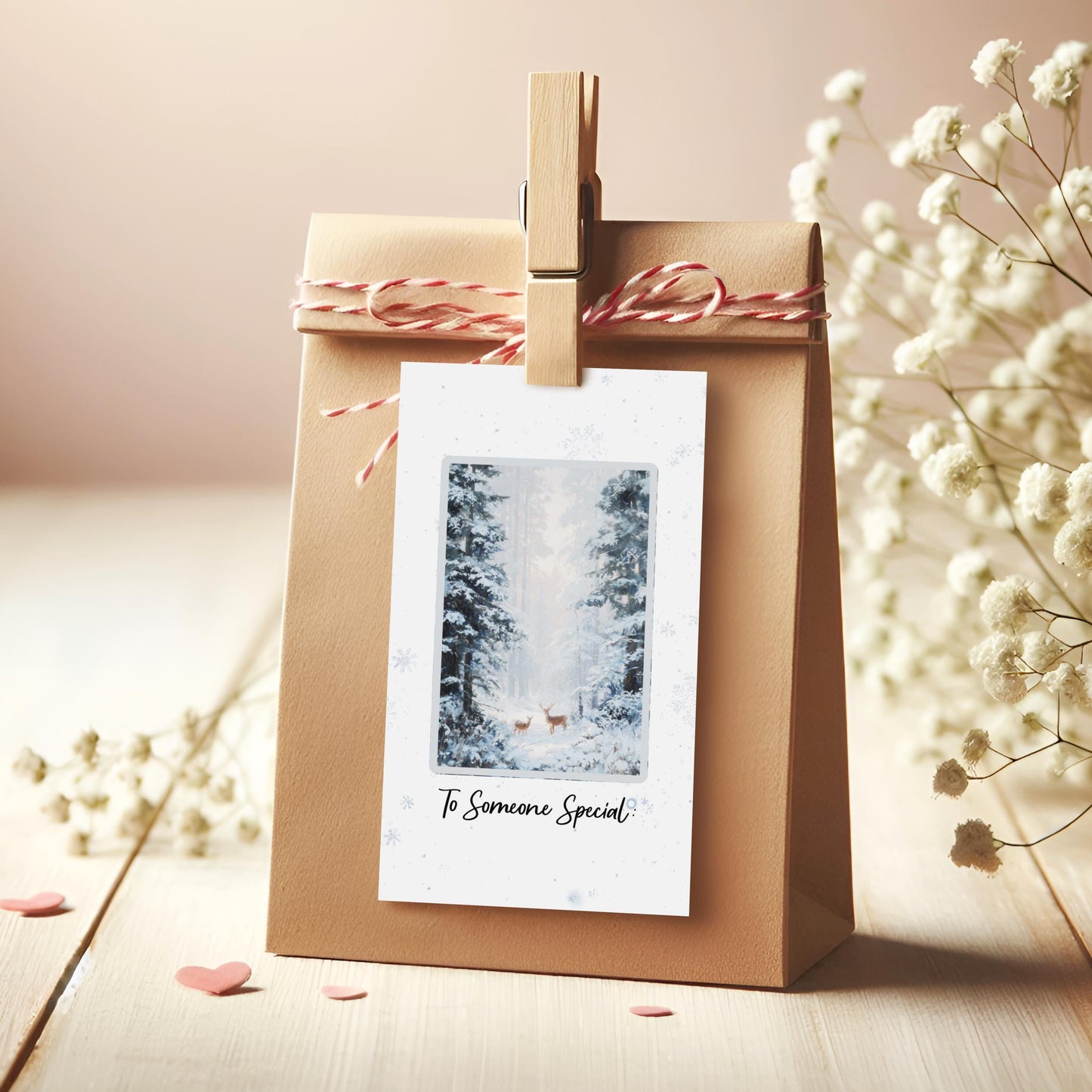 Winter Forest with Reindeer Instant download 9 sets of gift tag featuring Romantic snowy French woodland at twilight, two deer standing among frosted pines, painterly winter romantic landscape with muted greens, silver and ivory palette, soft golden twilight