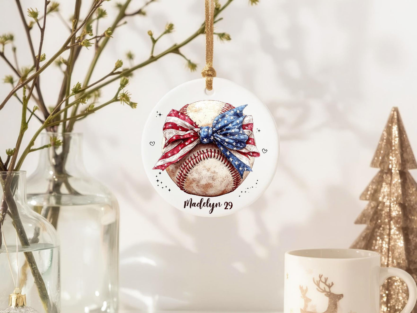 Personalized Baseball Ornament with American Flag Bow: Sports Girl Gift, Coquette Patriotic