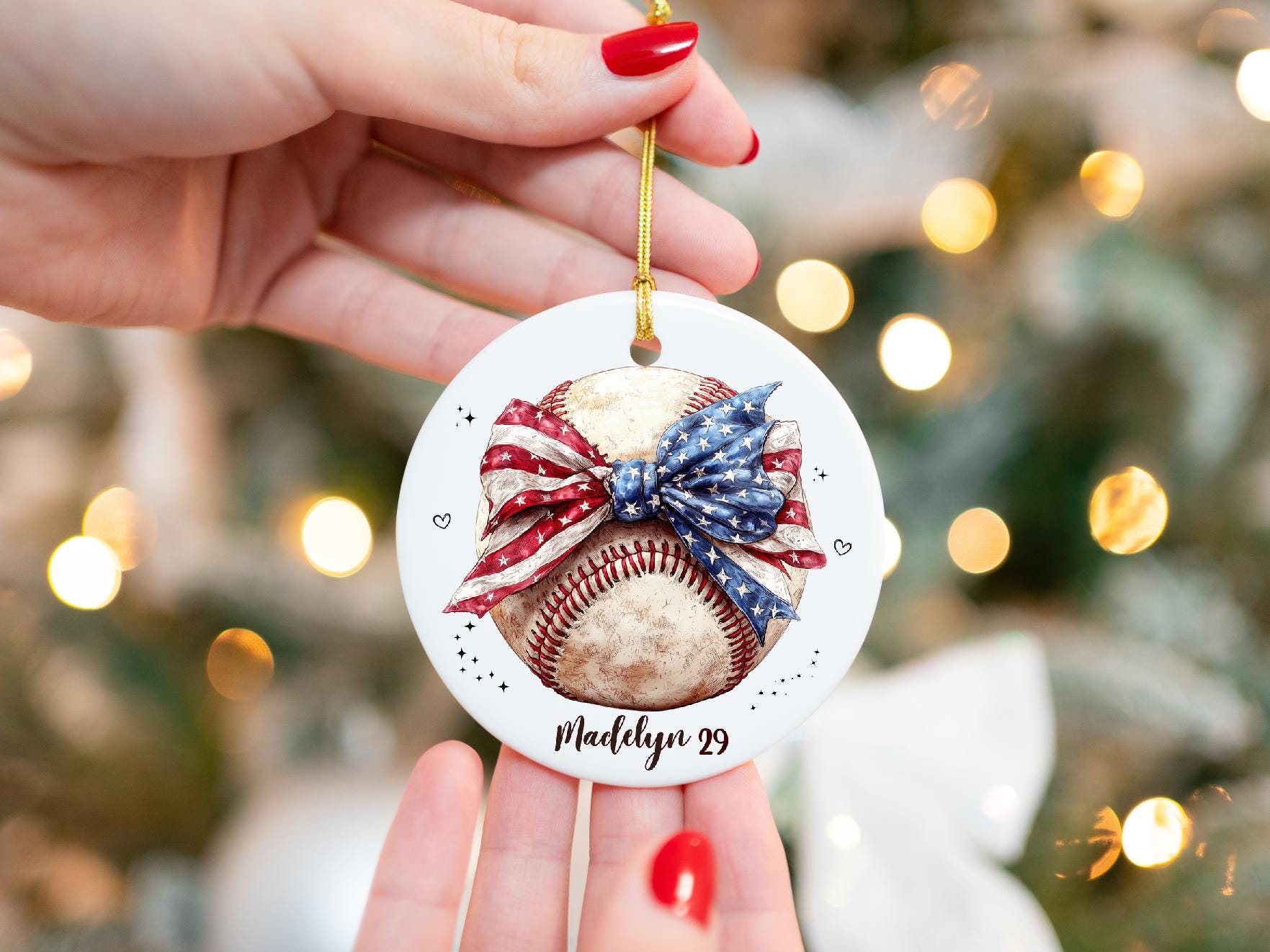 Personalized Baseball Ornament with American Flag Bow: Sports Girl Gift, Coquette Patriotic