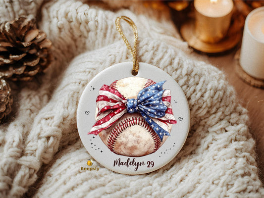 Personalized Baseball Ornament with American Flag Bow: Sports Girl Gift, Coquette Patriotic