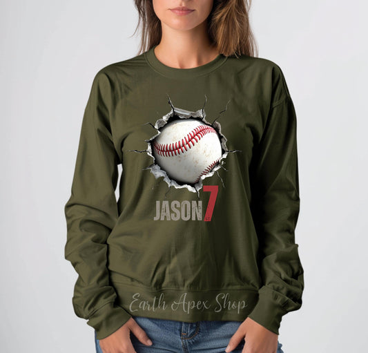 Custom Baseball Sweatshirt: Personalized Name & Number 3D Cracked Ball Design Sports Team Gift, Baseball Mom Shirt, Player Apparel,