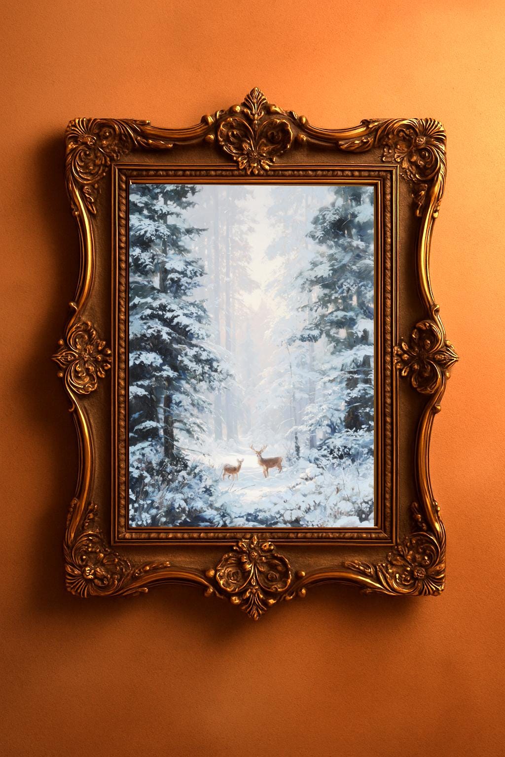 Winter Forest with Reindeer Instant download Wall Art featuring Romantic snowy French woodland at twilight, two deer standing among frosted pines, painterly winter romantic landscape with muted greens, silver and ivory palette, soft golden twilight.