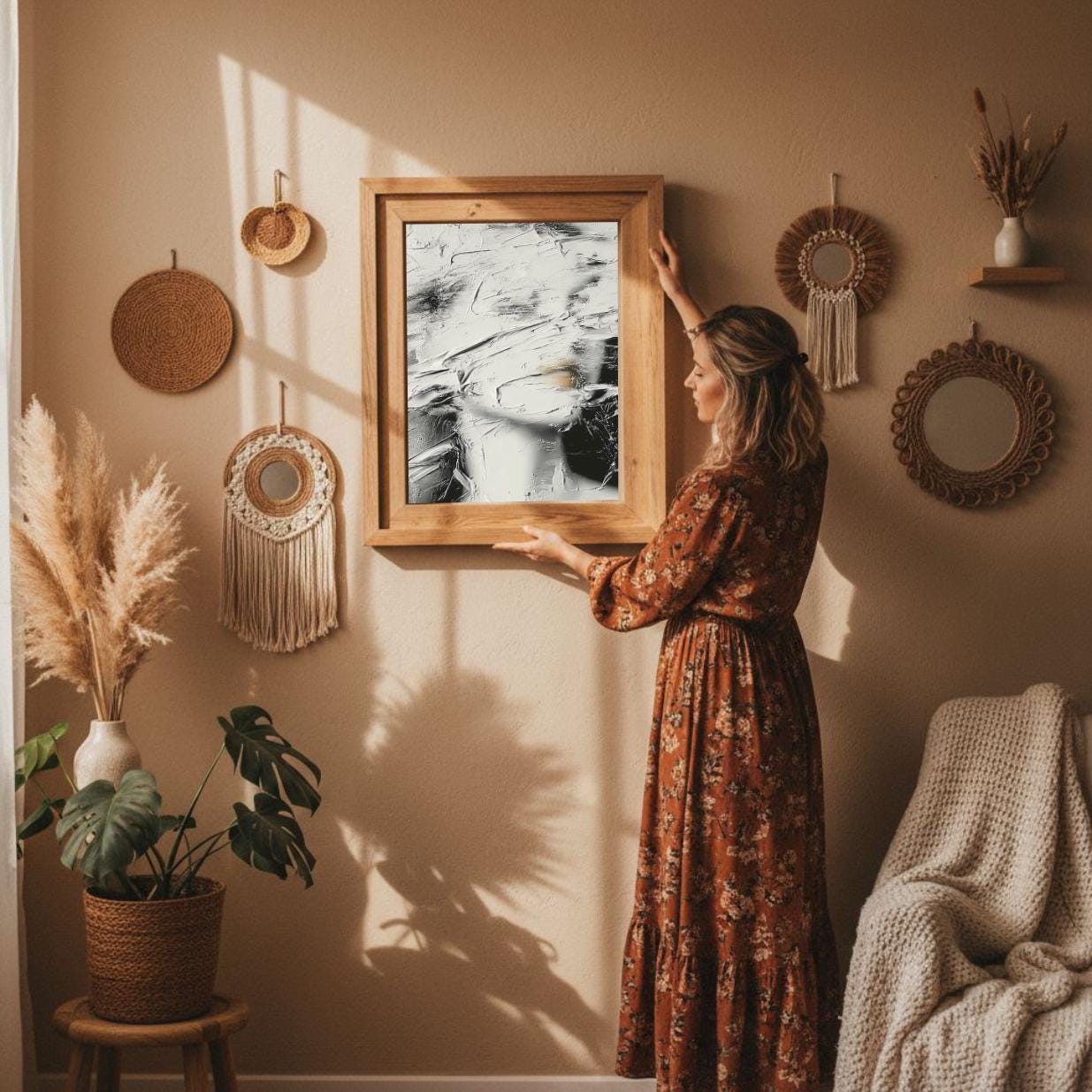 Cozy boho living room with plants, rattan decor and neutral textured abstract wall art framed in wood, sunlight streaming in.