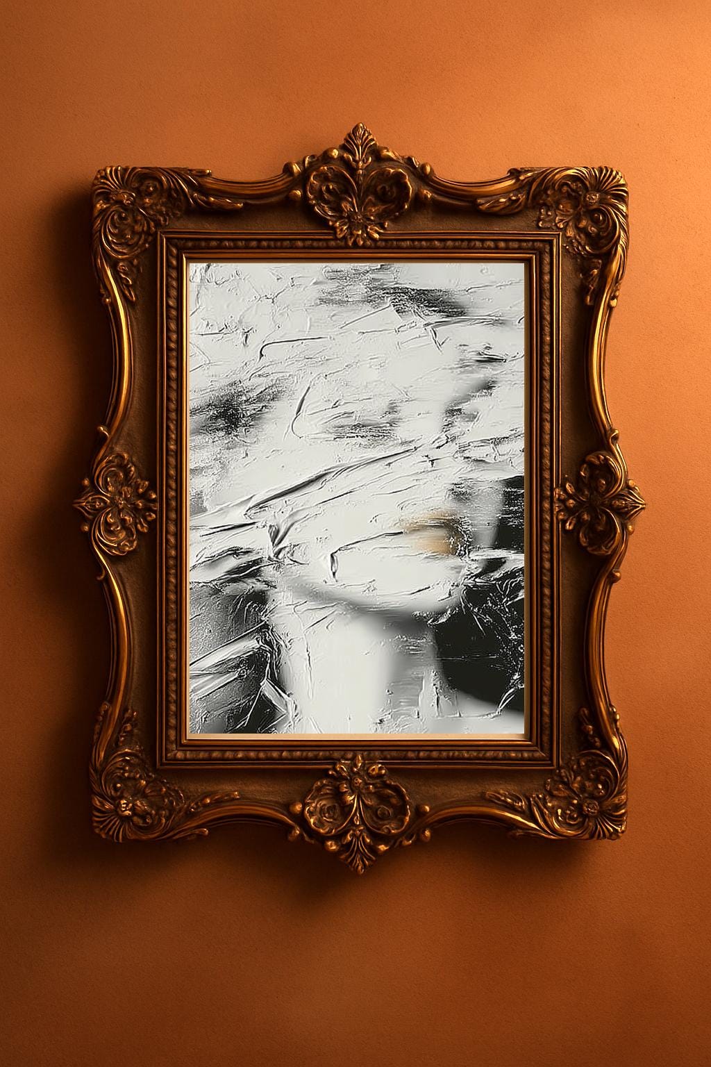 Textured abstract face wall art in ornate golden frame against terracotta wall, modern neutral aesthetic from Keepsly gift shop