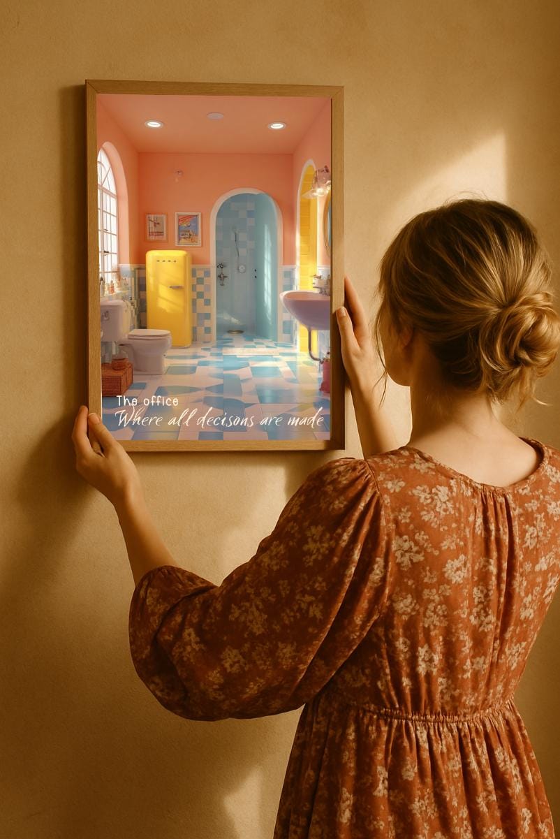 A boho look woman is holding a softly humorous printable wall art for those who know the bathroom is the real office. Warm retro colors, old American style bathroom calm light, and a wink of wit are displayed in a thin wood frame on a sunset terracotta color wall.