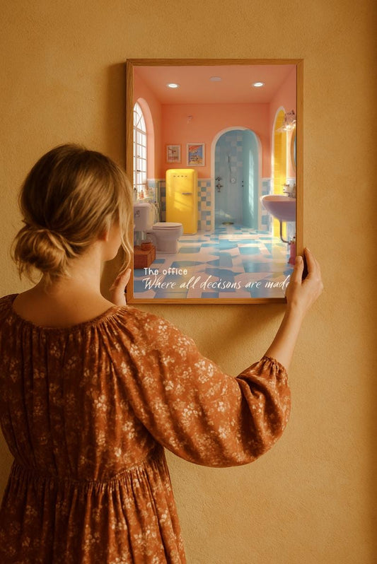 A boho look woman is holding a softly humorous printable wall art for those who know the bathroom is the real office. Warm retro colors, calm light, and a wink of wit displayed in a thin wood frame on a sunset terracota color wall.