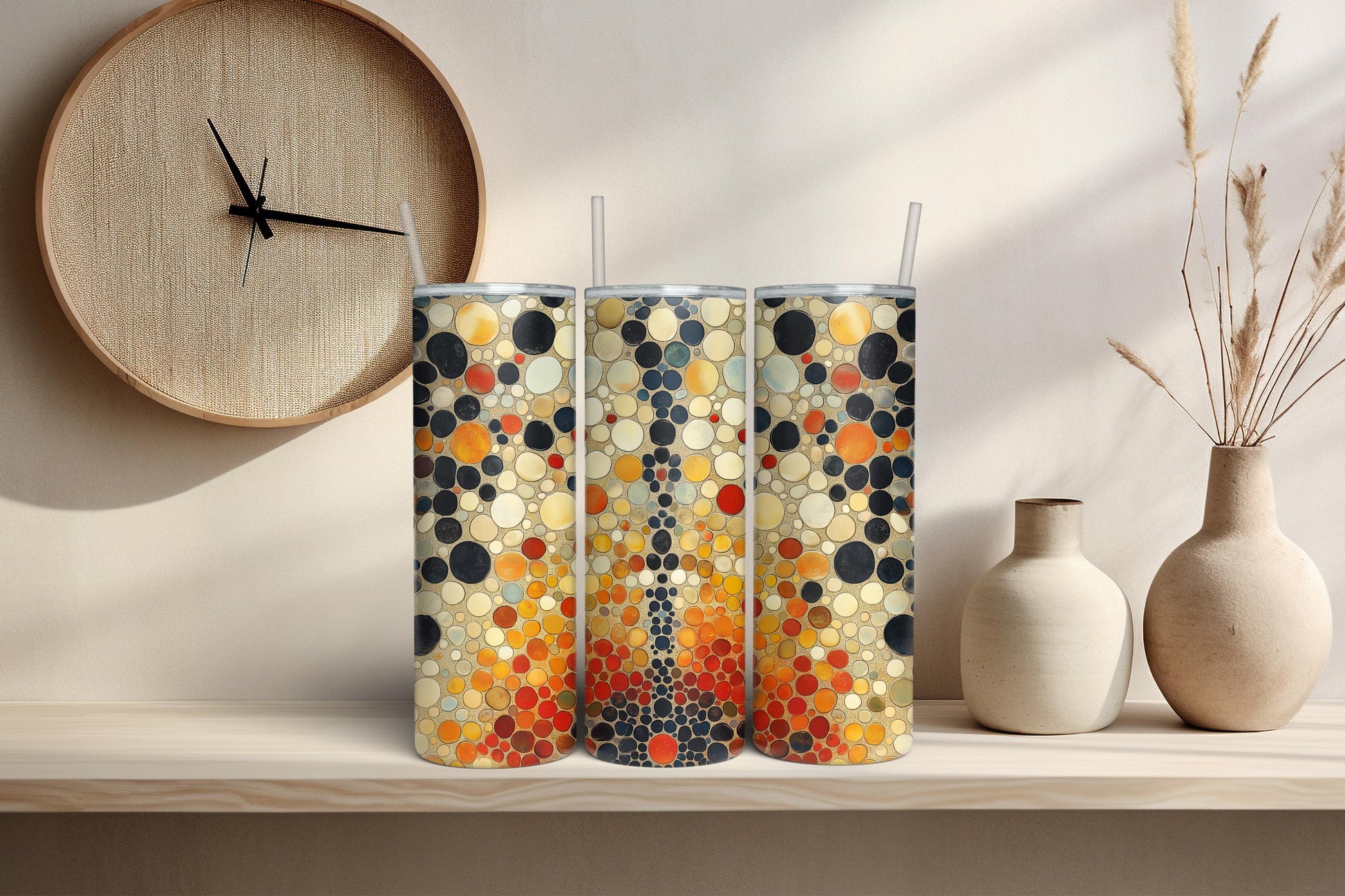 Skinny tumblers featuring seamless retro dot pattern in warm fall colors, sublimation design mockup.
