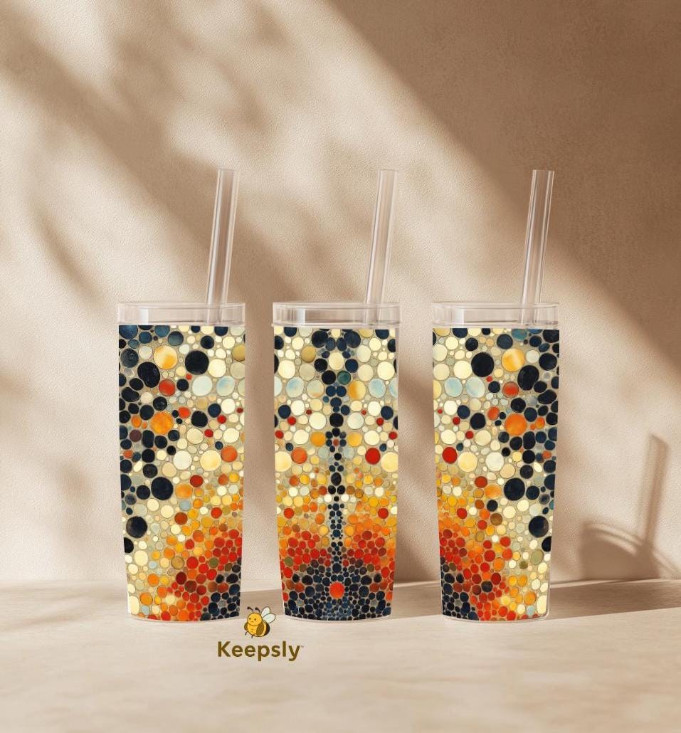 Skinny tumblers featuring seamless retro dot pattern in warm fall colors, sublimation design mockup.
