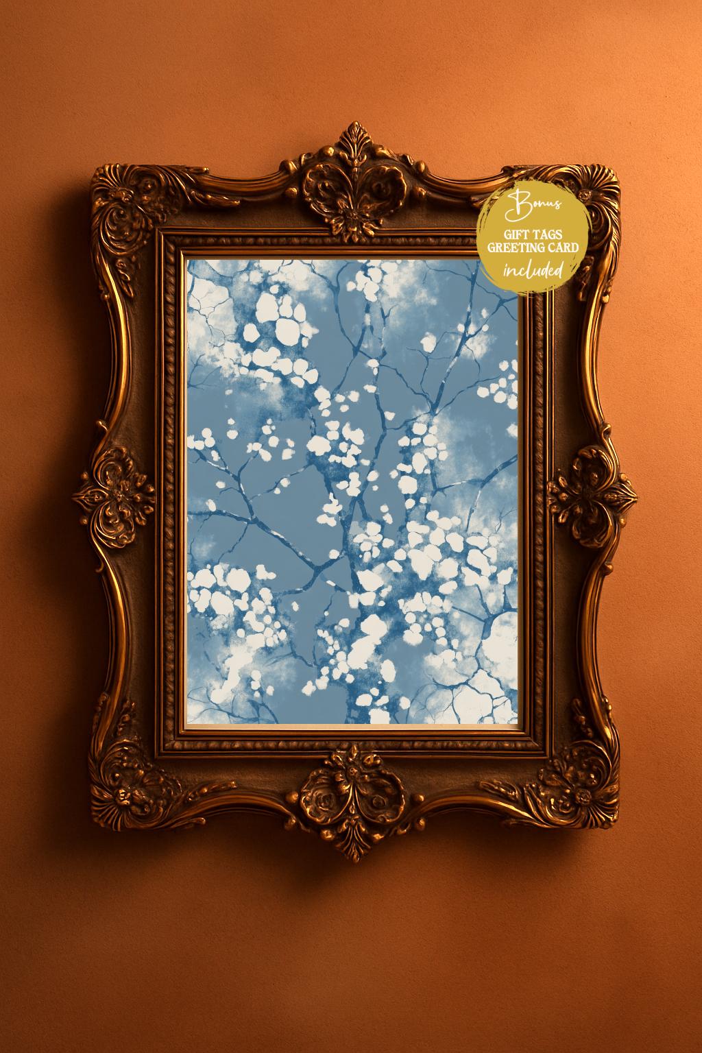 Boho minimalist blue abstract wall art framed in a antique bronze frame and displayed in a cozy neutral room, modern printable artwork mockup, digital download home decor.