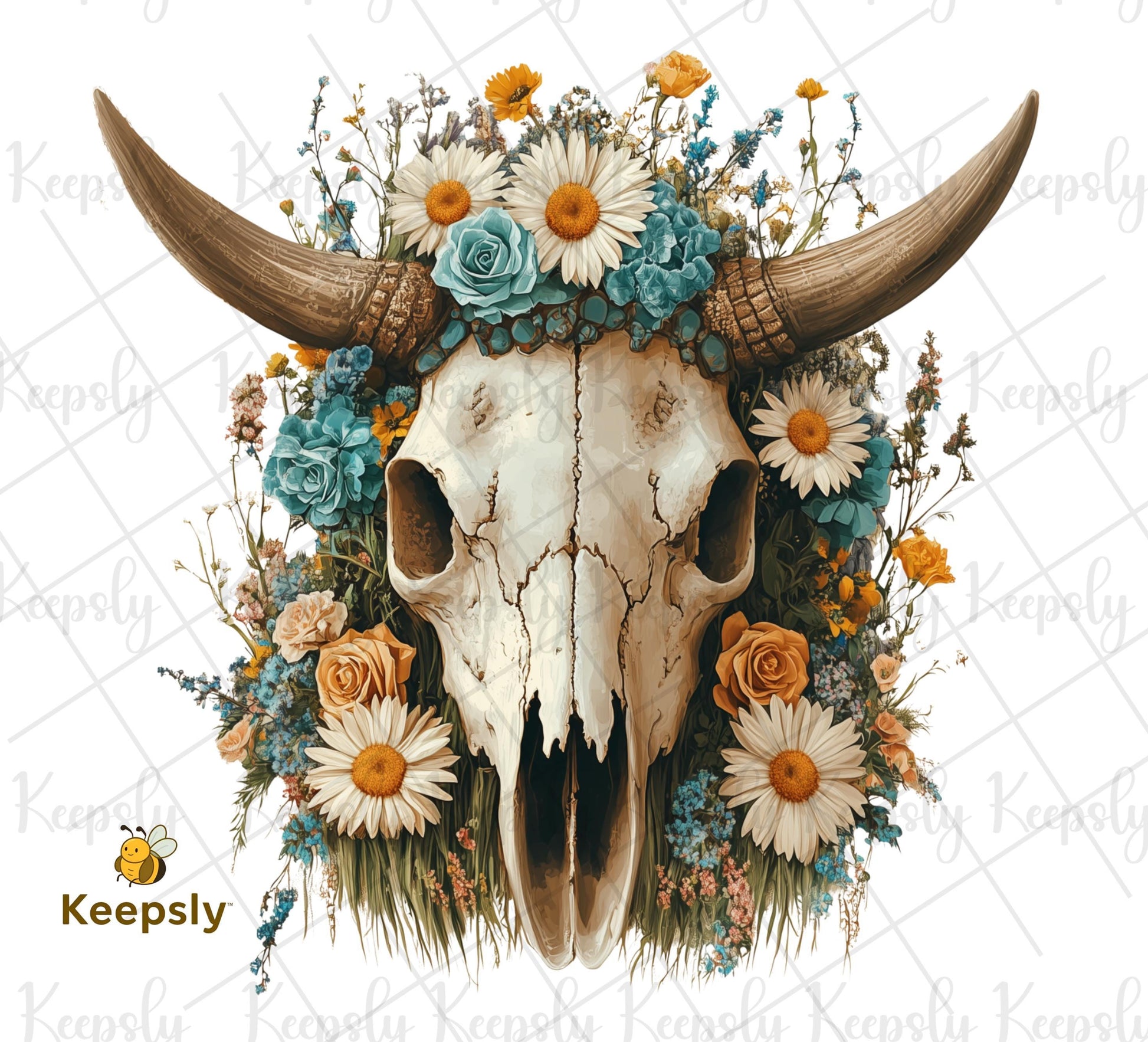 Floral western skull in turquoise, terracota, beige colors digital png file with Keepsly shop signature