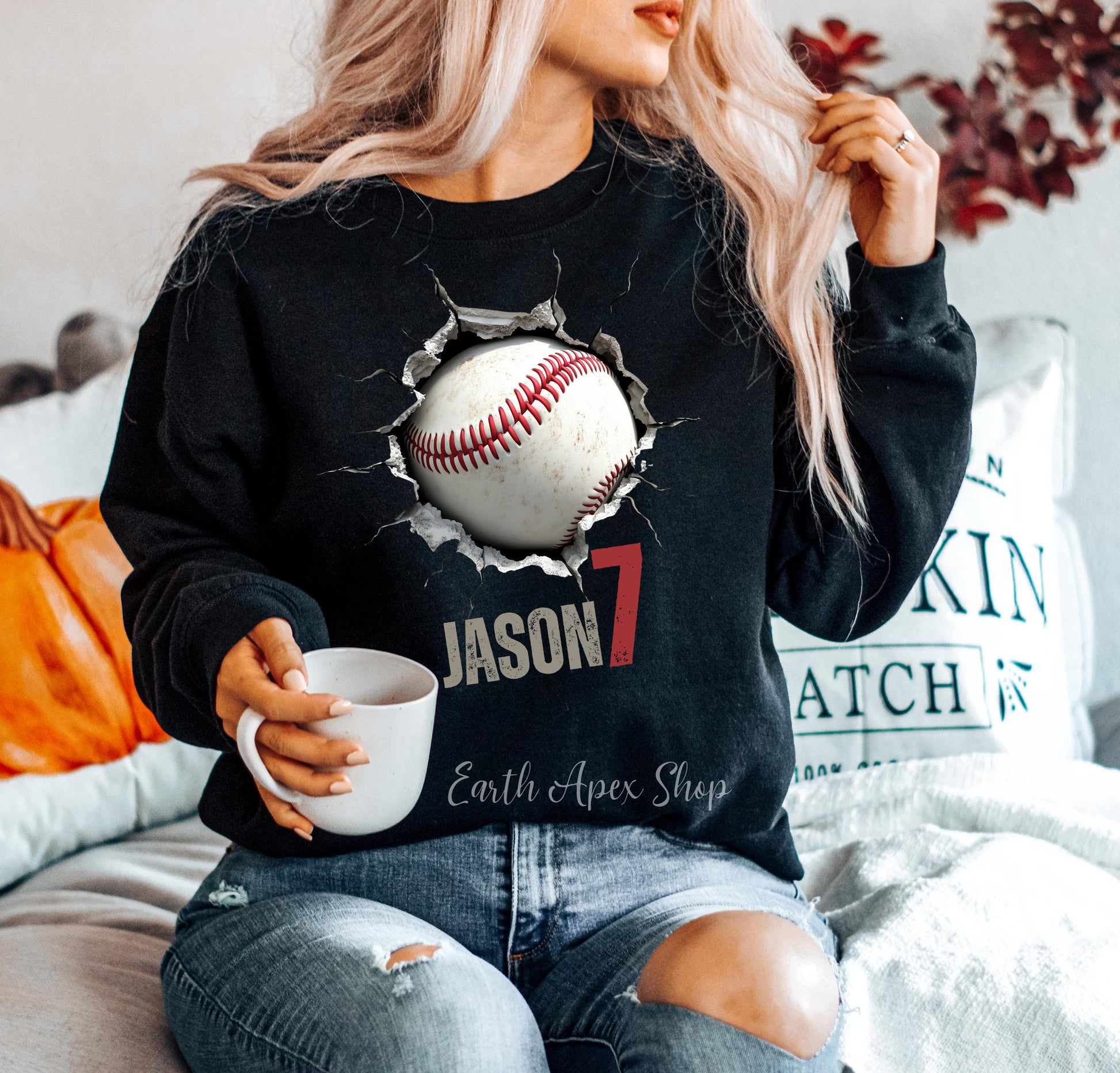 Custom Baseball Sweatshirt: Personalized Name & Number 3D Cracked Ball Design Sports Team Gift, Baseball Mom Shirt, Player Apparel,