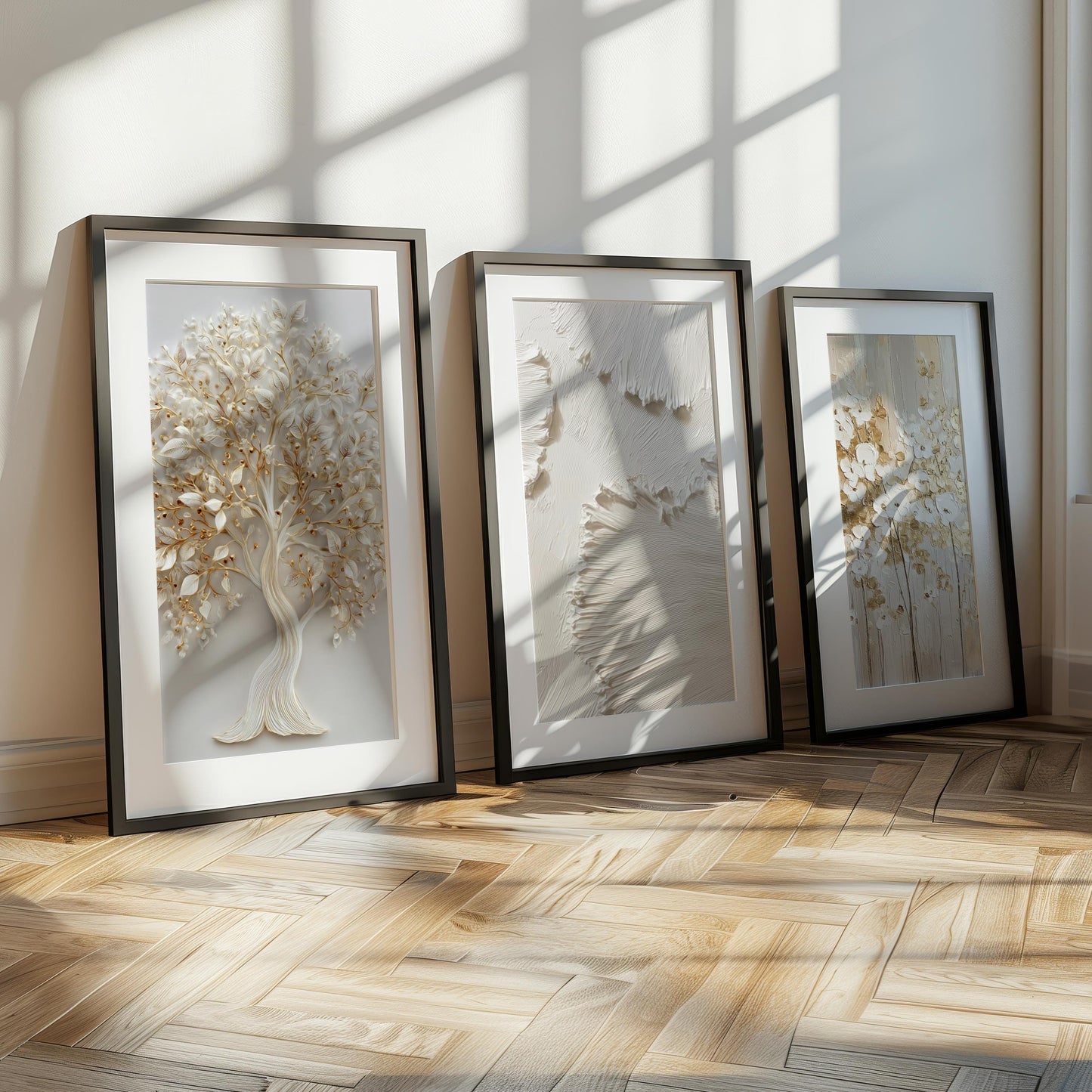 Textured 3 wall art design laying on a beige wall on the floor. The room has some daylight and shadows on the frames. One of the frame is textured minimal brushstrokes, The wall art in the middle is with white and gold color elegant tree, the wall art on the right side has golden white floral oil painting with golden foil effect.