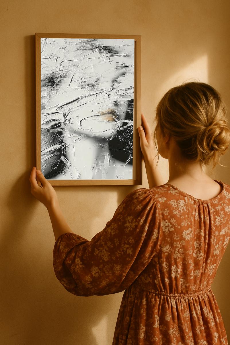 Minimal plaster texture face print being adjusted on sunset colored wall, natural light