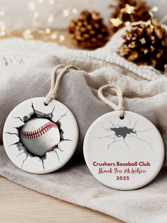 personalized cracked wall baseball ornament is showing the front and back side in a cozy table setting