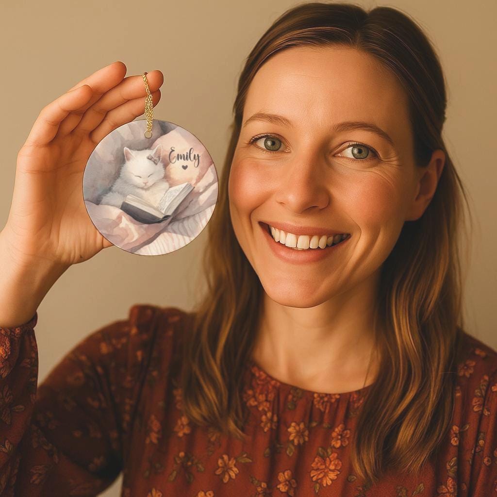 Personalized Book Lover Ornament: Gift for Readers, Bookworm Ornament, Reading Cat