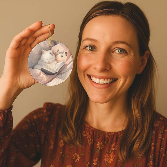 Personalized Book Lover Ornament: Gift for Readers, Bookworm Ornament, Reading Cat