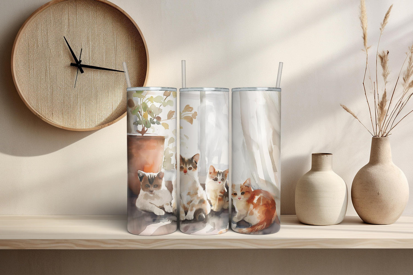 Watercolor Cat Tumbler Wrap, 20oz Skinny Sublimation Design Digital Download Kittens