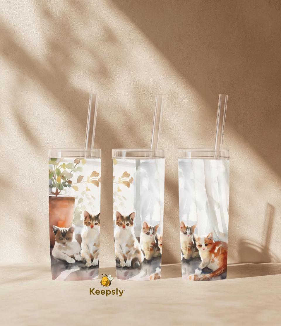 Watercolor Cat Tumbler Wrap, 20oz Skinny Sublimation Design Digital Download Kittens
