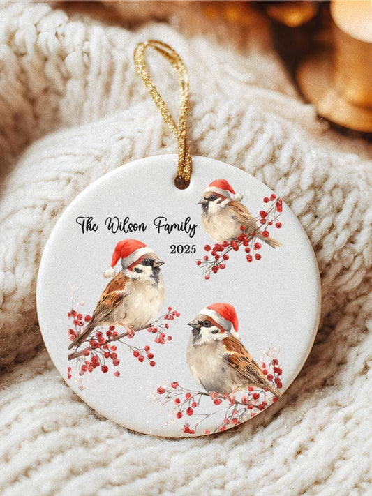Winter Berry Sparrow Family of Three Ornament • Custom Name Keepsake • Baby Shower Gift