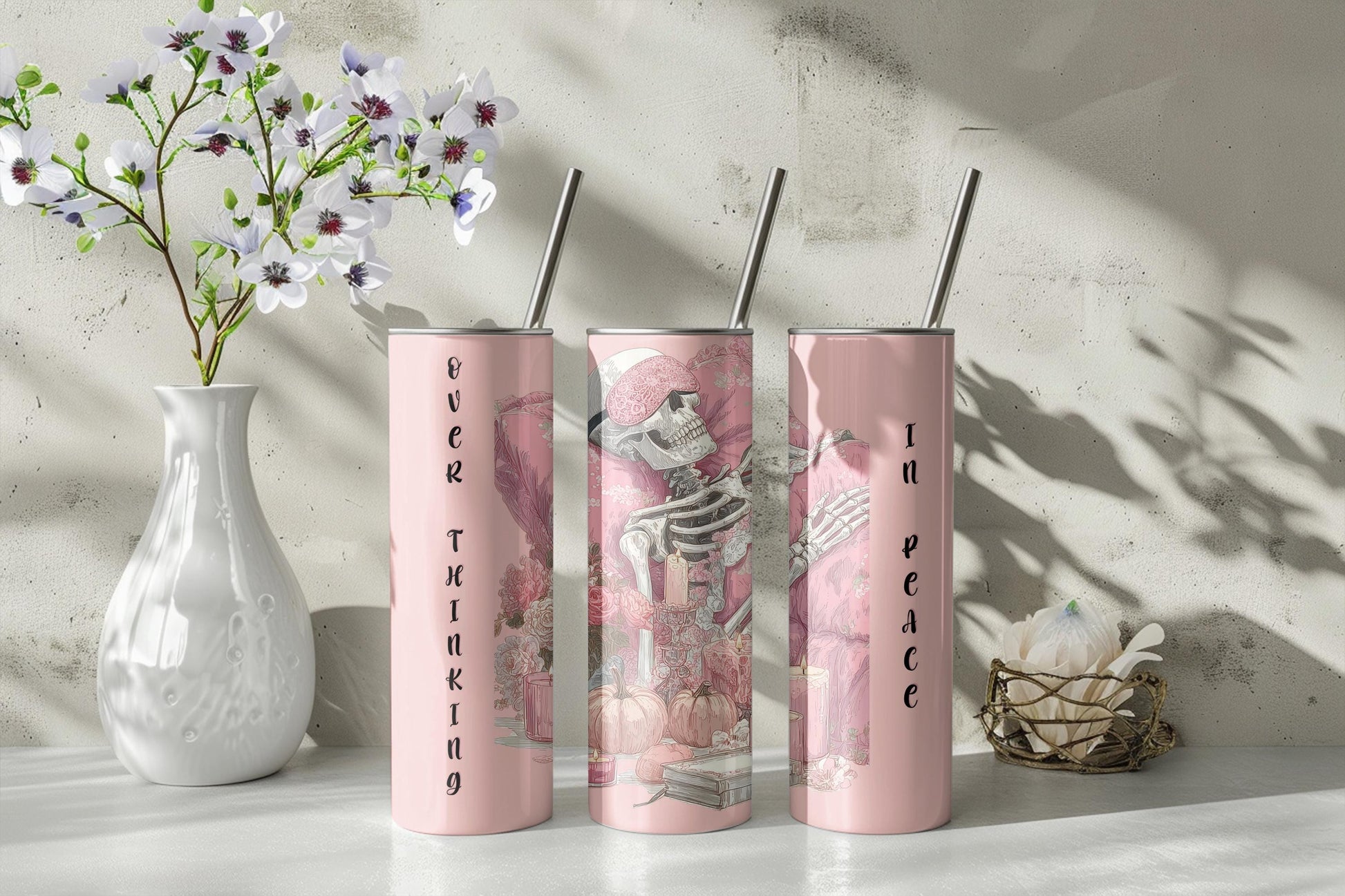 Dead Tired 3 Cozy Pink Skeleton Seamless Pattern, 20oz Skinny Sublimation Design Digital Download