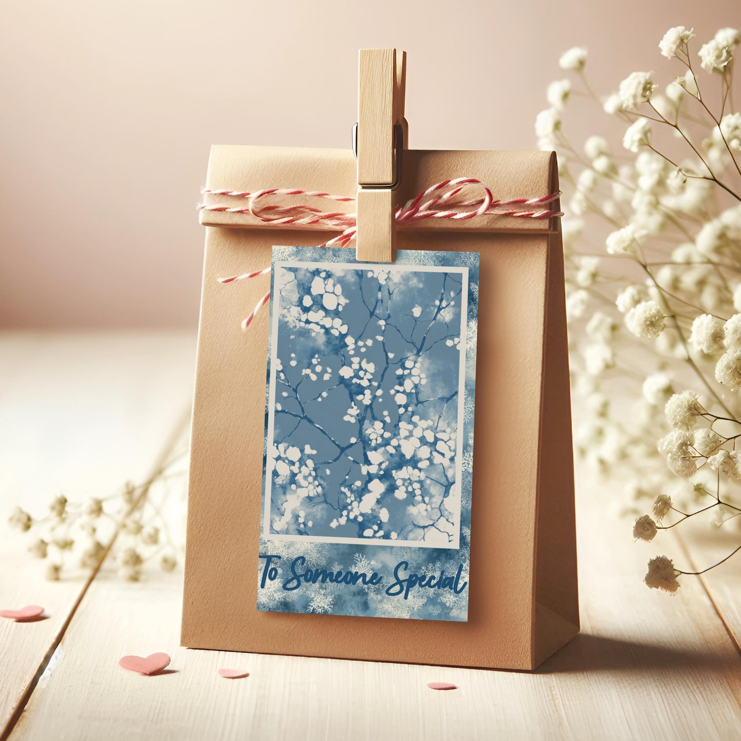 Vintage Blue Winter Printable Wall Art: Snowflake Greeting Card & Gift Tags Set Digital Download