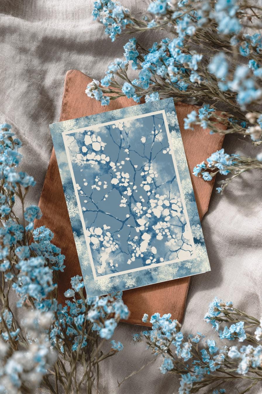 Beige and vintage blue Snowflake digital download greeting card between blue color flowers on a piece of wood to display