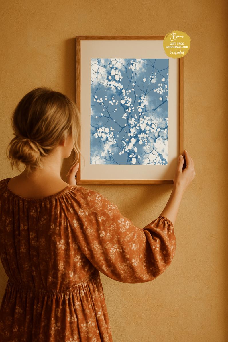 Boho minimalist blue abstract wall art framed and displayed by a woman in a cozy neutral room, modern printable artwork mockup, digital download home decor.