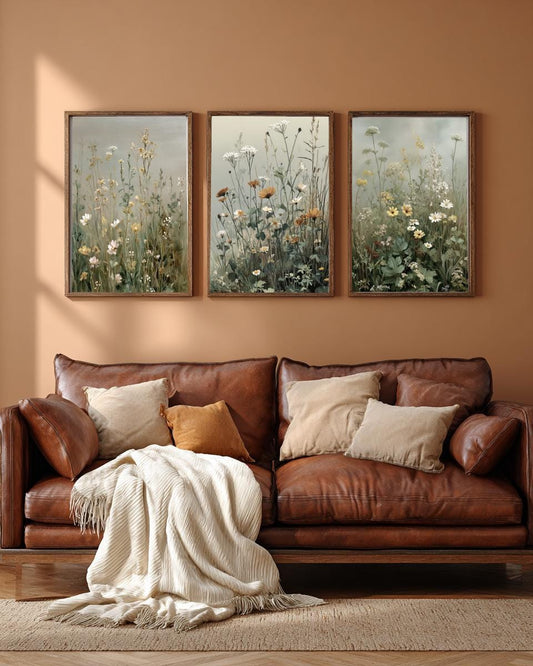 Sage Green Wall Art Set of 3 • Digital Download Wildflower Oil Painting Print Cottagecore Landscape Decor PNG