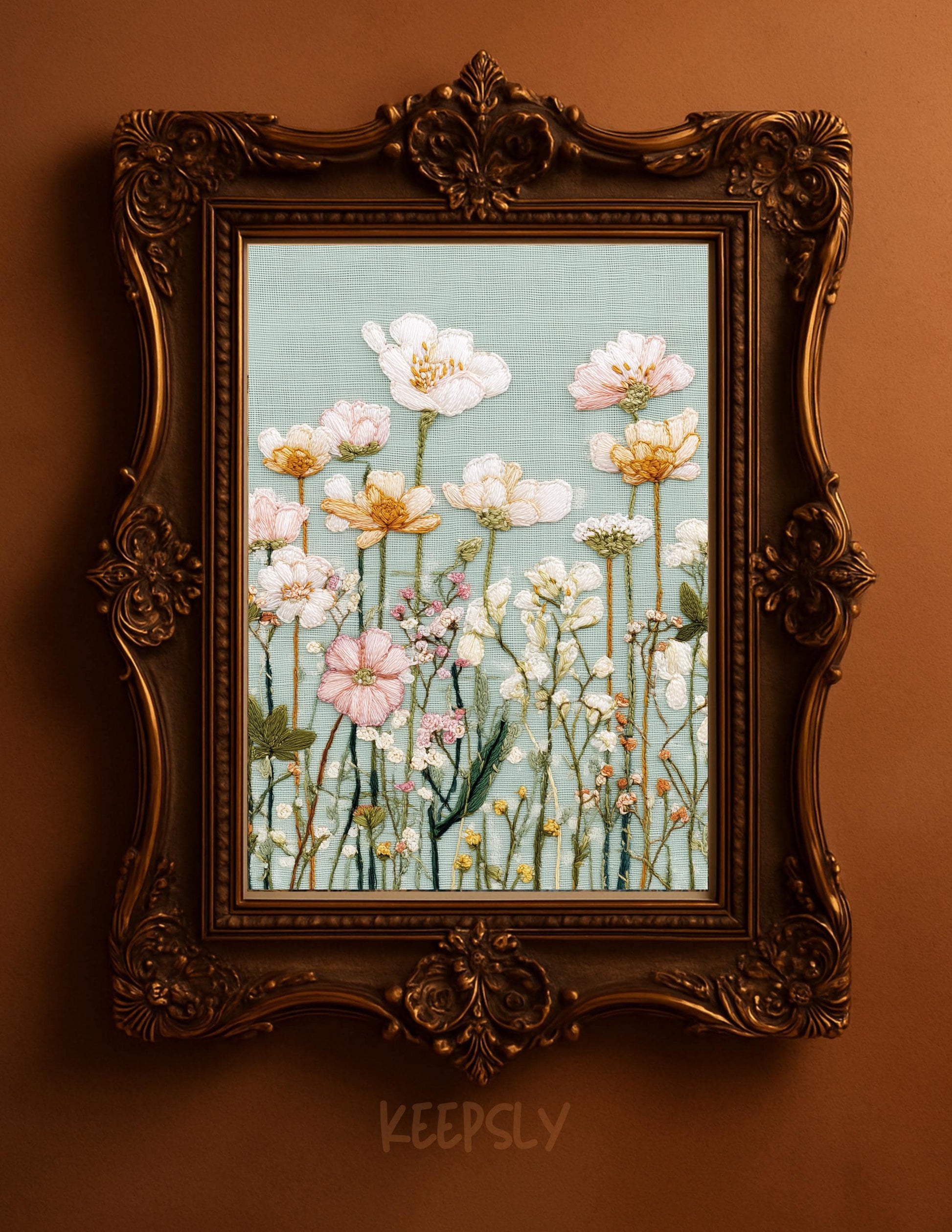 Embroidered Wall Art Set of 3 • Digital Download Wildflower Prints Cottagecore Textured Decor JPG