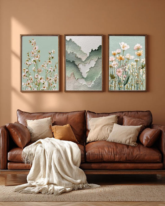 Embroidered Wall Art Set of 3 • Digital Download Wildflower Prints Cottagecore Textured Decor JPG