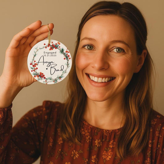 Personalized Engagement Ornament; Custom Name & Date Gift • Newly Engaged Keepsake • Holiday Couple Gift