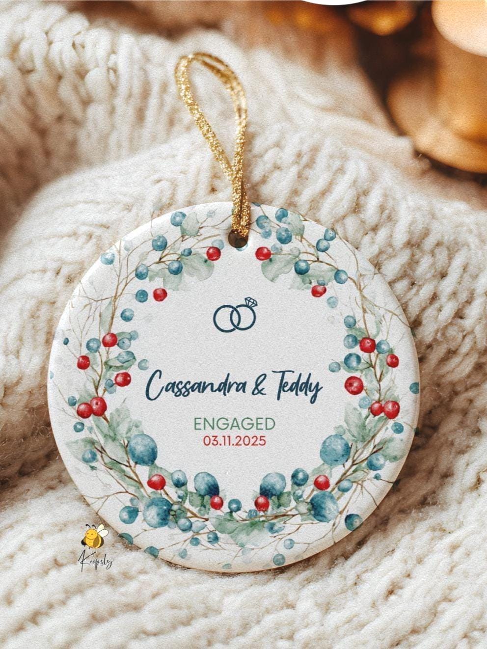 Personalized Engagement Ornament; Custom Name & Date Gift • Newly Engaged Keepsake • Holiday Couple Gift
