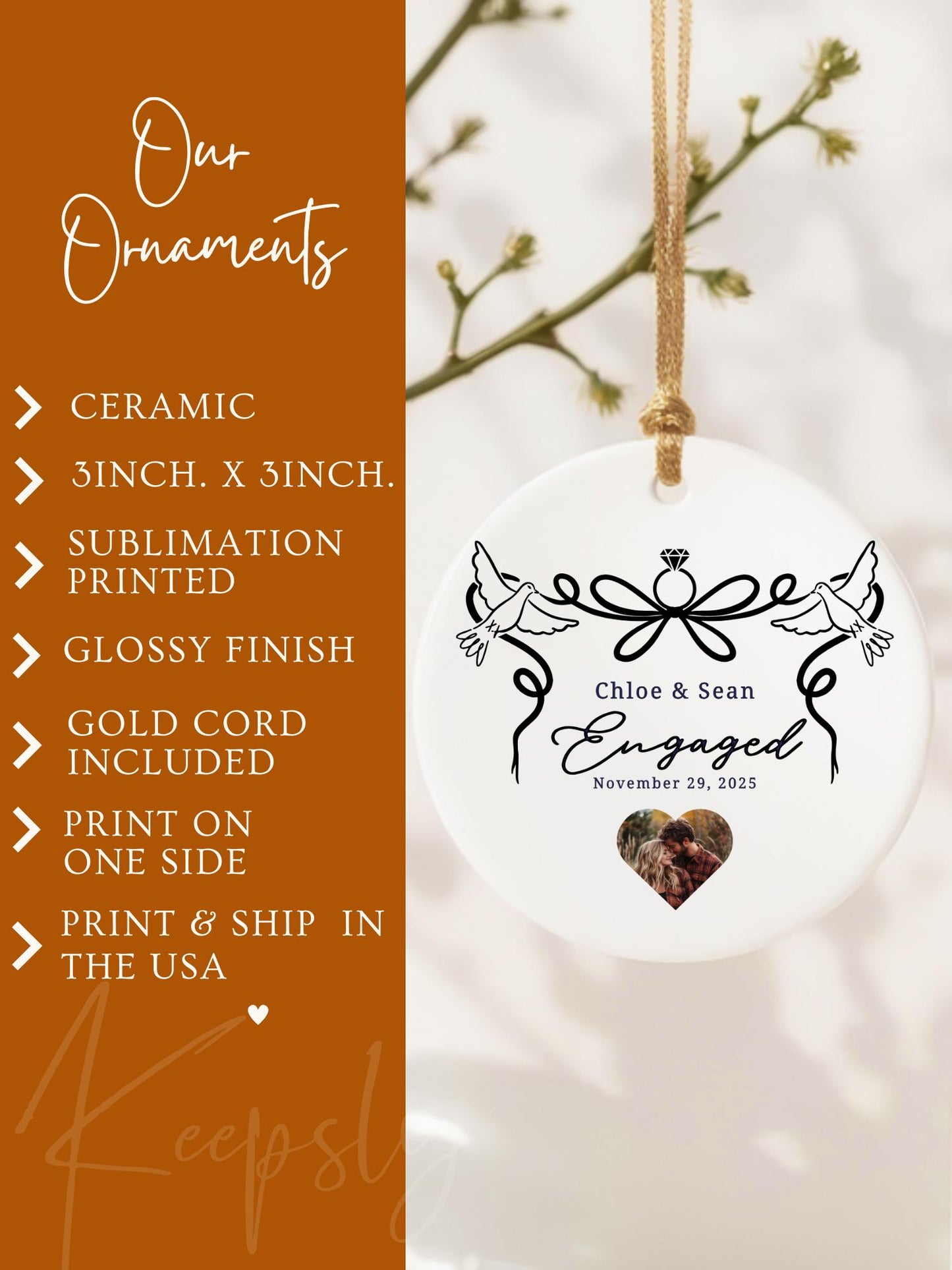 Personalized Engagement Ornament • Custom Couple Photo Gift • New Engagement Keepsake • Ring & Doves Design