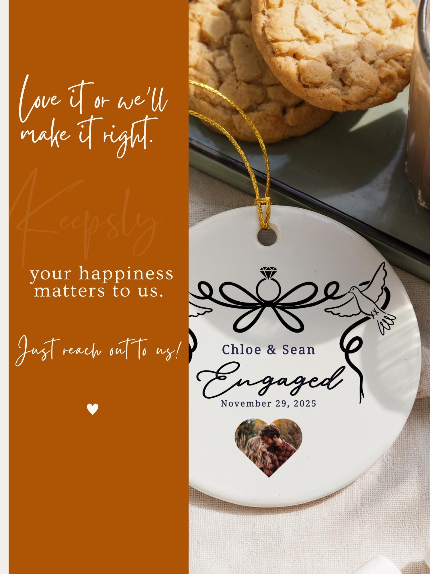 Personalized Engagement Ornament • Custom Couple Photo Gift • New Engagement Keepsake • Ring & Doves Design