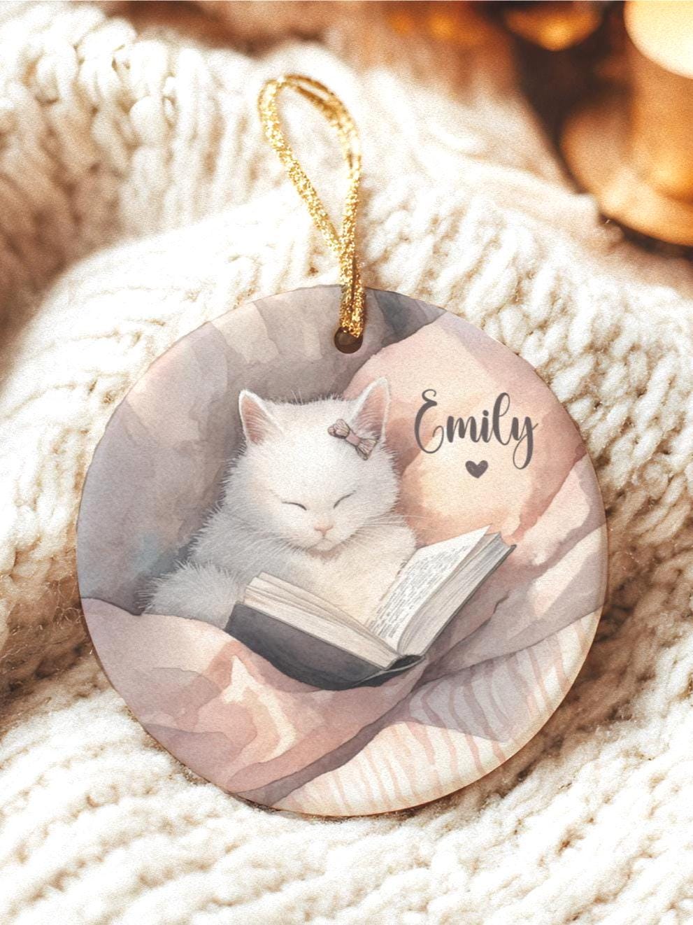 Personalized Book Lover Ornament: Gift for Readers, Bookworm Ornament, Reading Cat